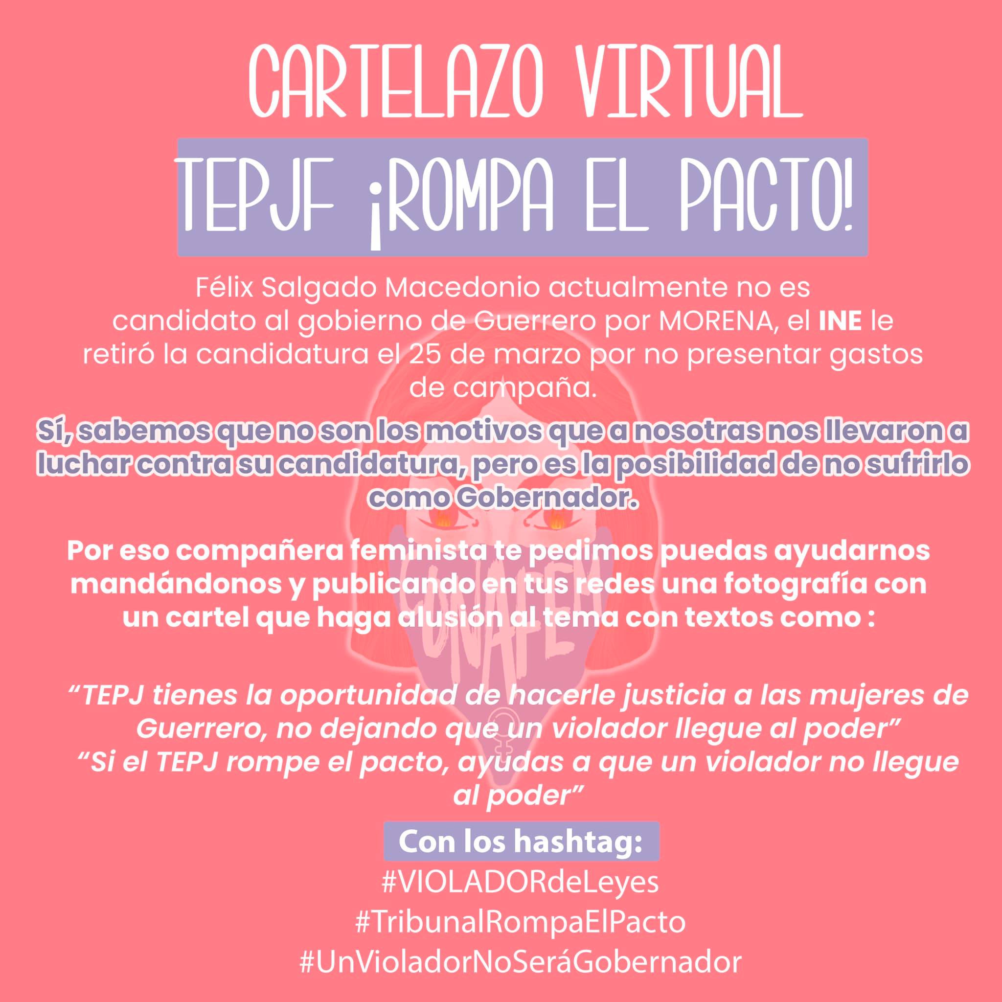 Llaman feministas a manifestarse mediante «cartelazo virtual» contra Félix Salgado