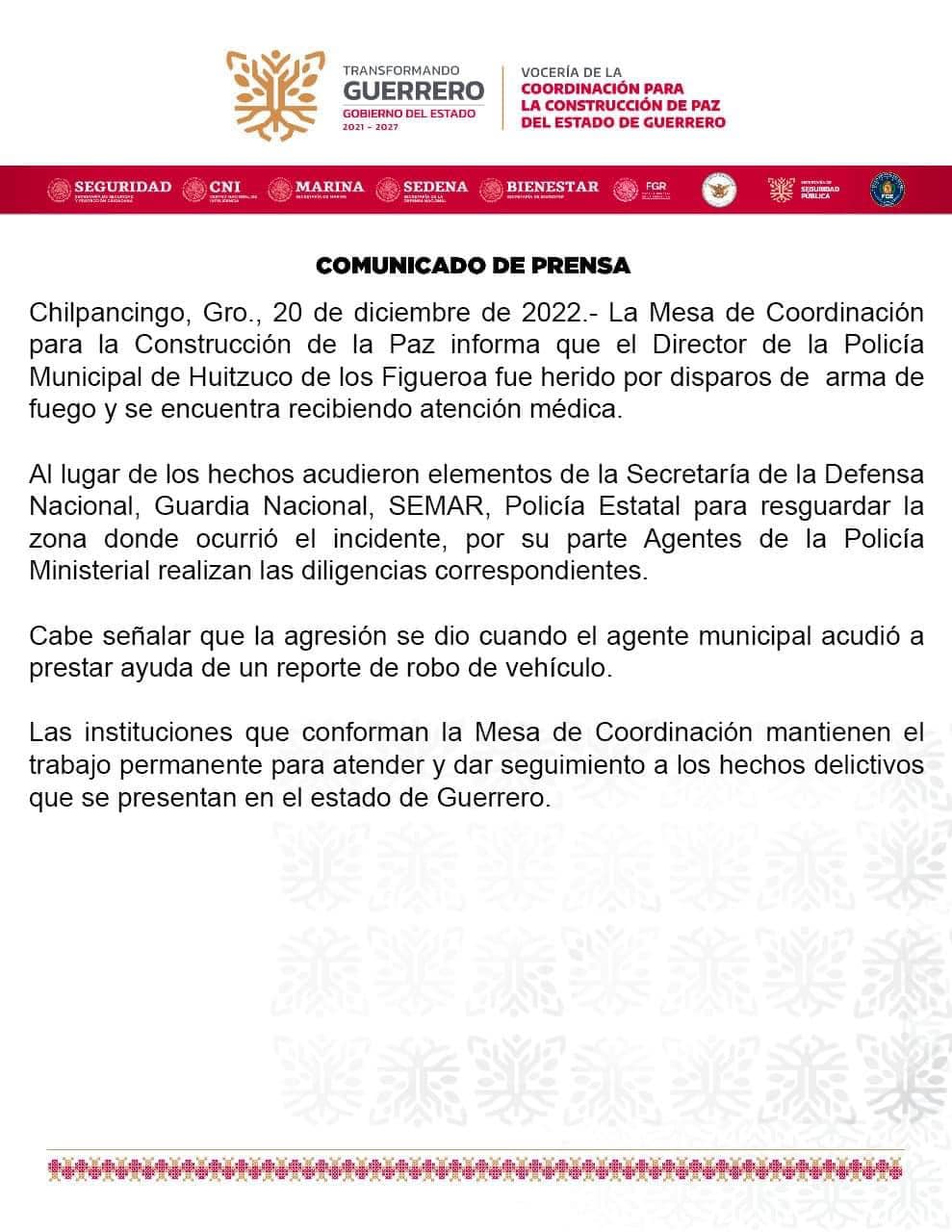 Atacan a balazos al director de la Policía Municipal de Huitzuco, Guerrero
