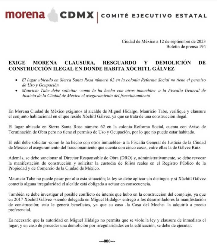 Morena solicita la demolición de la casa de Xóchitl Gálvez por presuntas irregularidades
