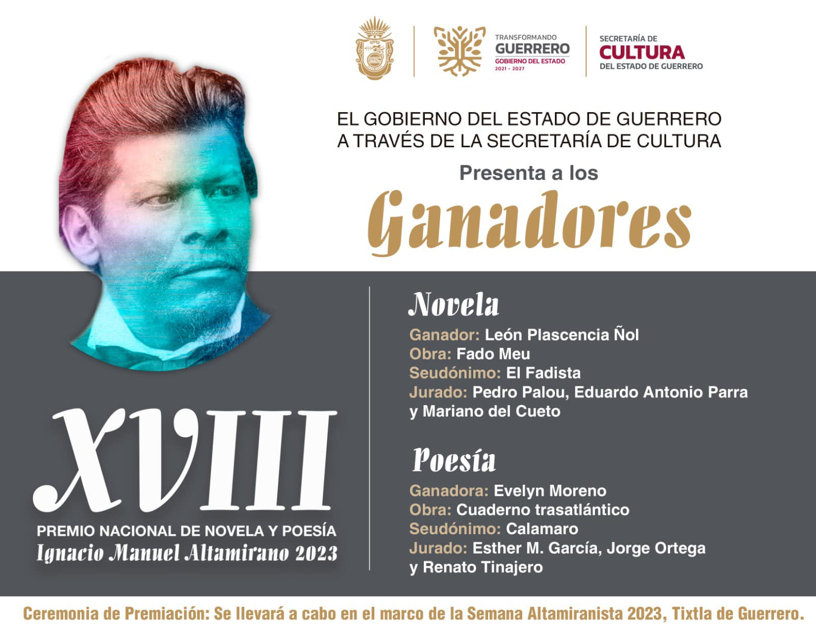 Ganadores del 18 Premio nacional de novela y poesía Ignacio Manuel Altamirano anunciados por la Secretaría de Cultura