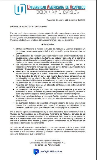 Después del embate del huracán Otis, la Universidad Americana de Acapulco enfrenta cierre temporal por riesgos estructurales