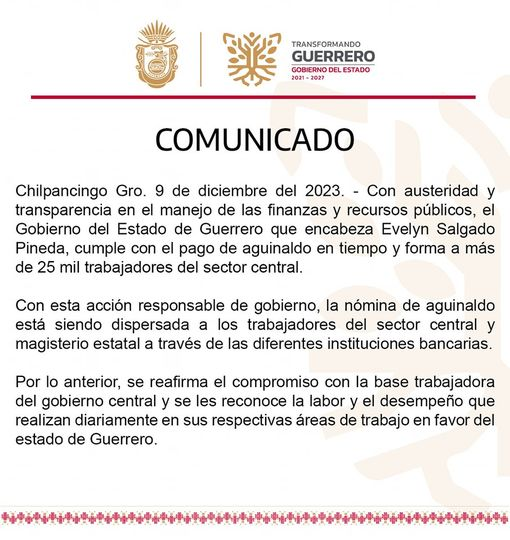 Garantizado el aguinaldo 2023 para los trabajadores del gobierno estatal de Guerrero