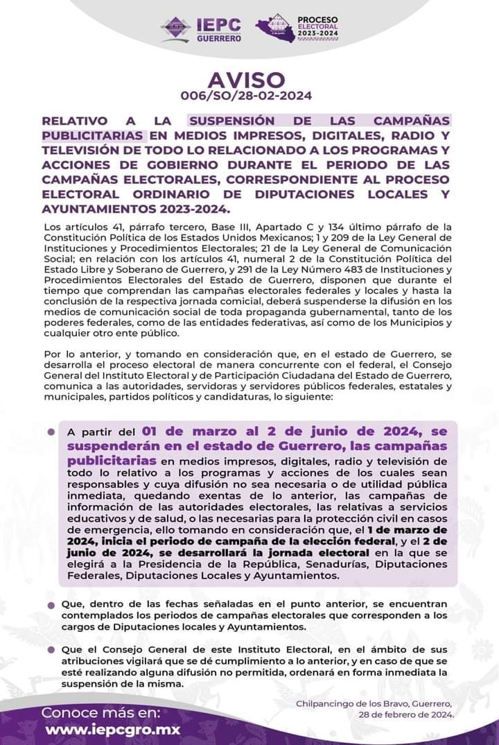Suspensión de propaganda gubernamental durante campañas electorales a partir de mañana