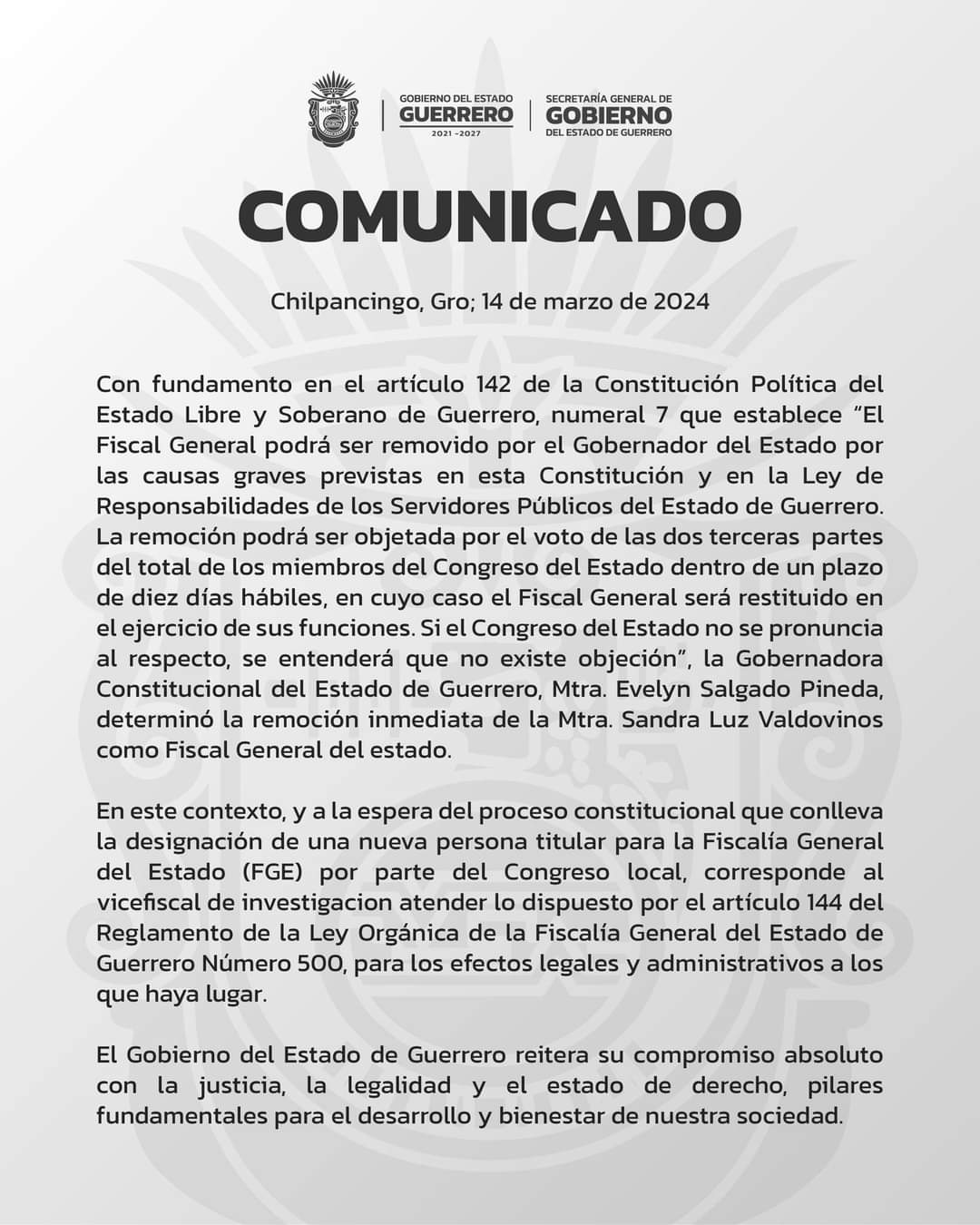 Gobierno de Guerrero reitera remoción de Fiscal Sandra Luz Valdovinos Salmerón