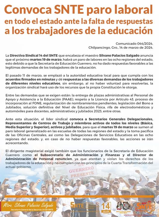 Paro de labores en educación: SNTE Guerrero exige respuestas a demandas incumplidas