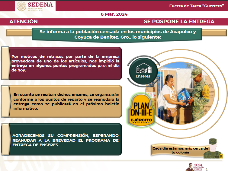 Posponen entrega de enseres en Acapulco y Coyuca de Benítez
