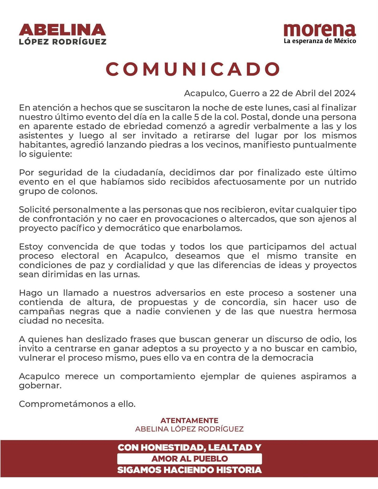 Abelina López Rodríguez llama a la paz y la cordialidad en el proceso electoral de Acapulco