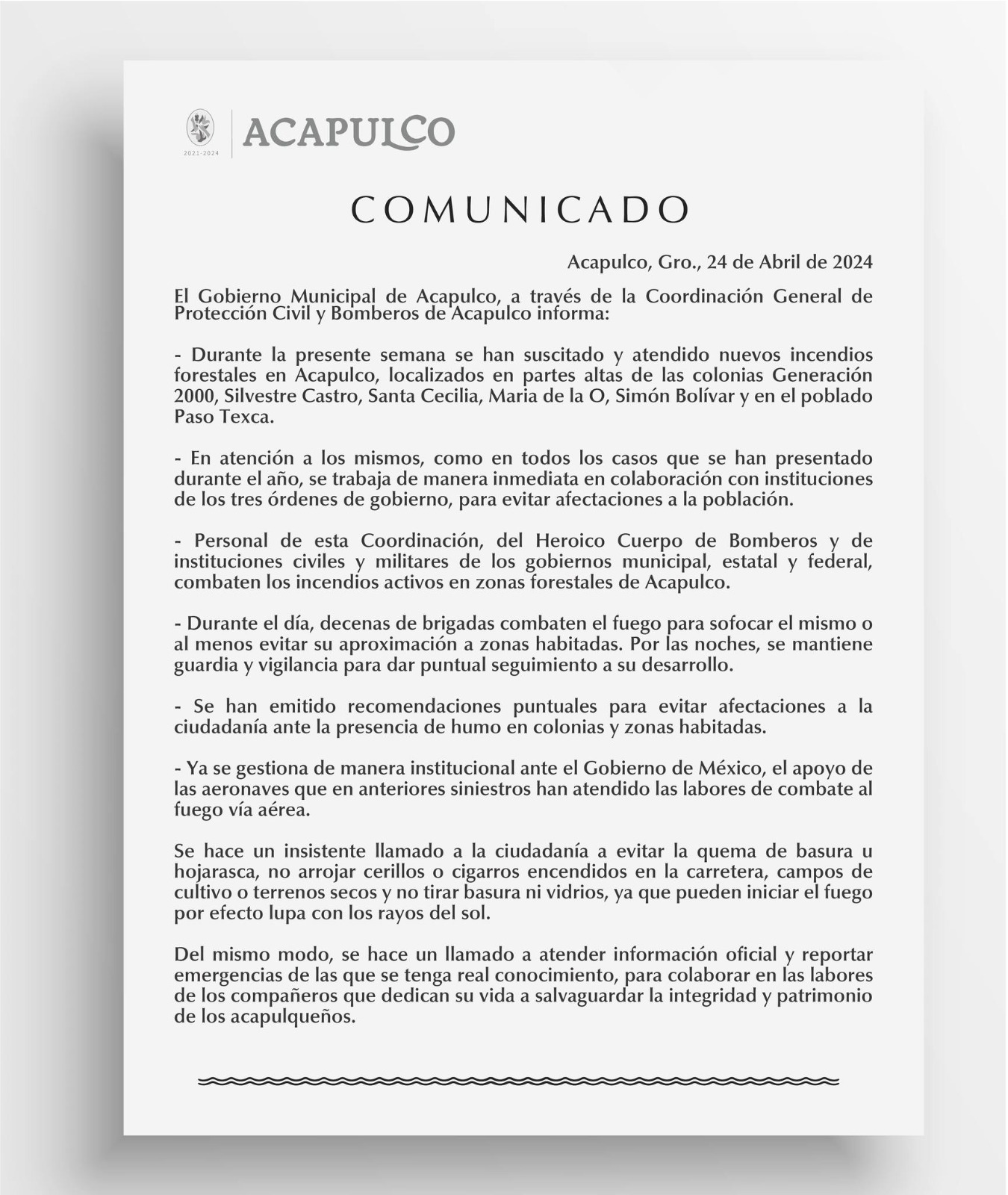 Gobierno Municipal gestiona apoyo aéreo para combatir incendios en Acapulco