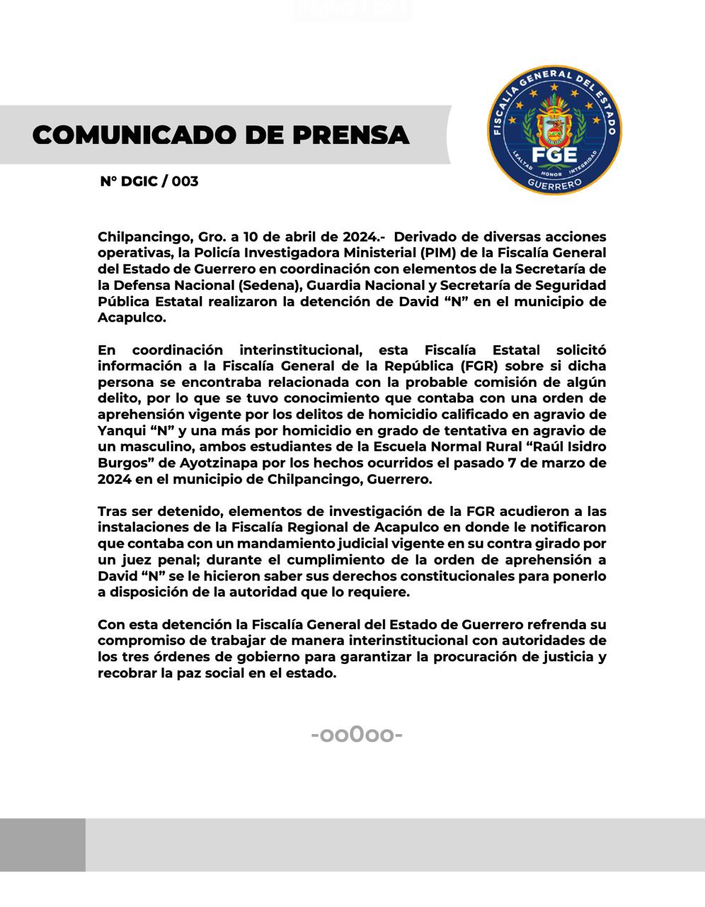 Detenido en Acapulco presunto implicado en asesinato de estudiante de Ayotzinapa Yanki Kothan