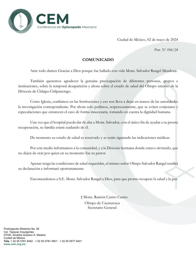 Conferencia del Episcopado Mexicano Pide Prudencia en Caso del Obispo Salvador Rangel Mendoza