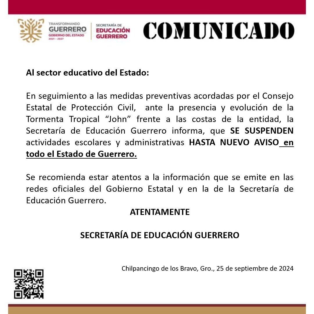 Suspensión de clases en todo Guerrero por Tormenta Tropical «John»