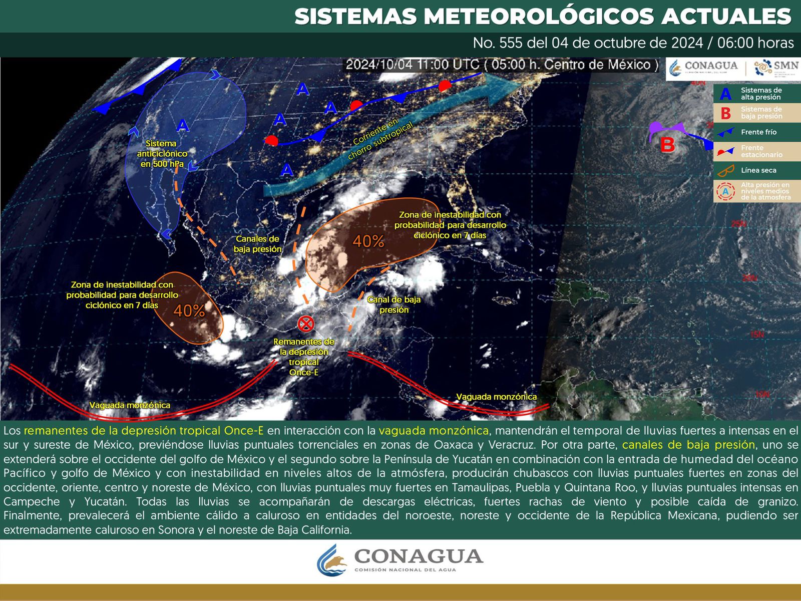 Remanentes de Depresión Tropical Once-E Provocarán Lluvias Fuertes en el Sureste de México