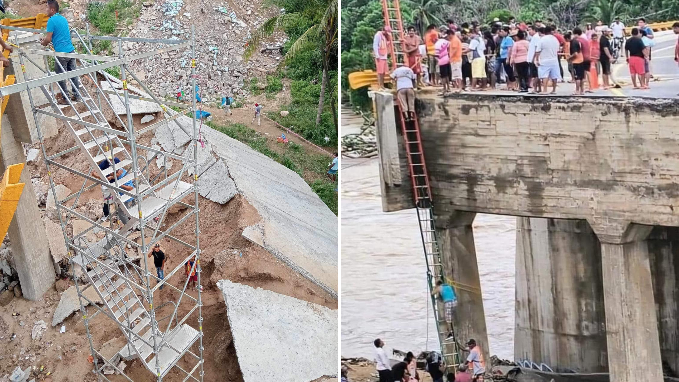 Instalan escaleras de andamio en el Km 21 tras caída del puente por tormenta tropical John