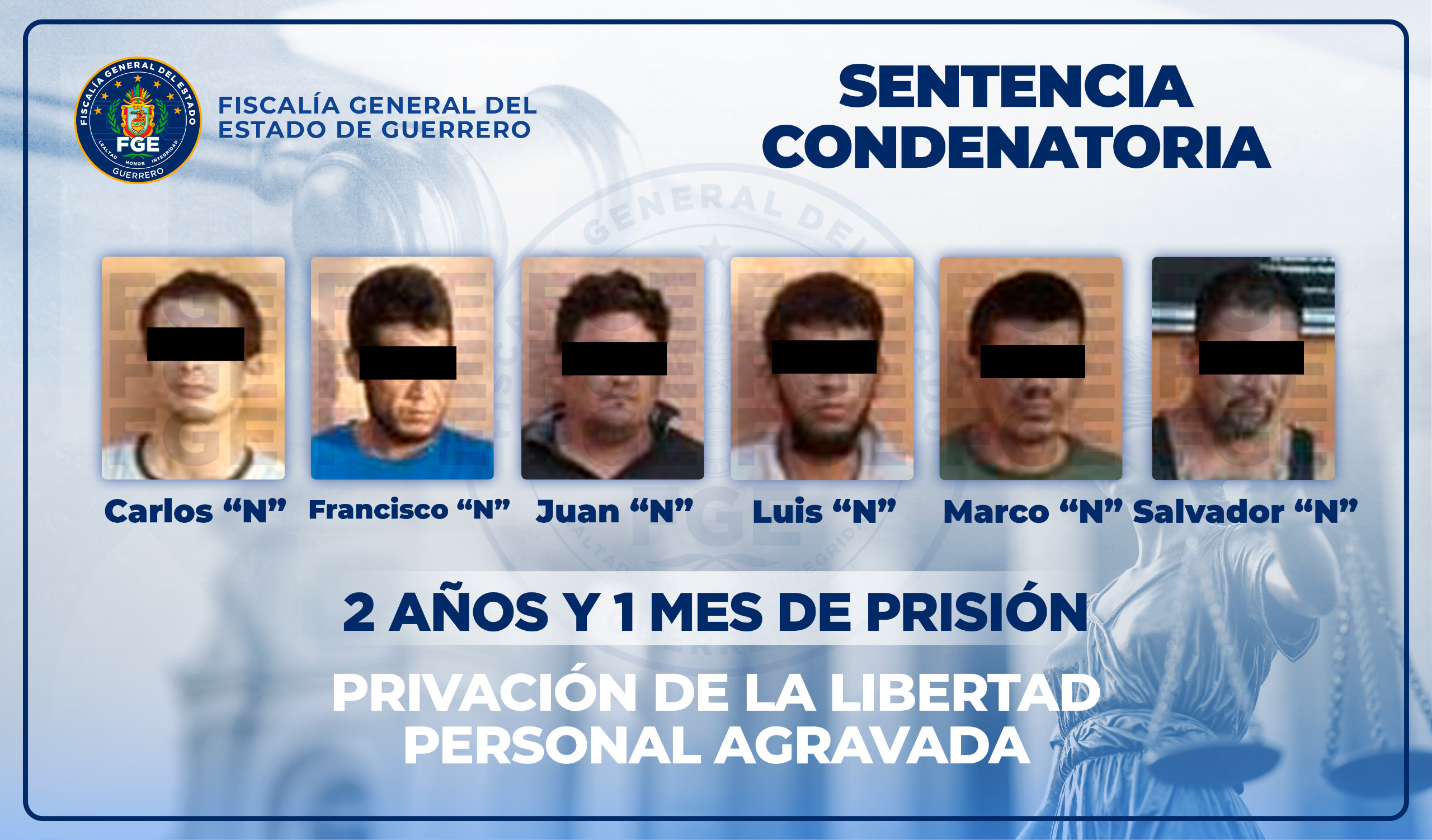 Fiscalía de Guerrero logra sentencia a seis hombres por privación de la libertad en Zihuatanejo